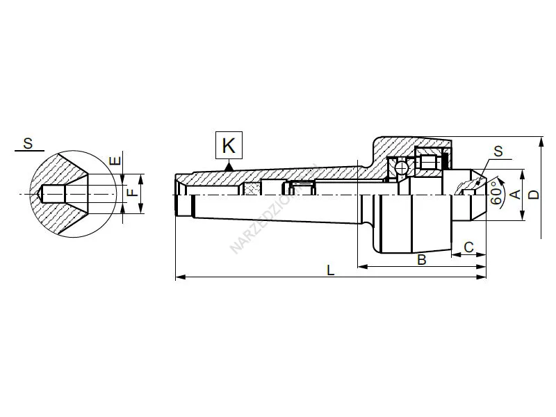 Rysunek techniczny: Kieł obrotowy zwykły z końcówką wewnętrzną: T.8809 MS1 KL.II - KOLNO